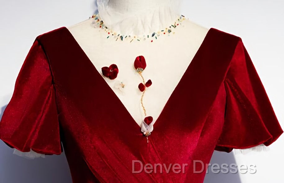 Dark Red Velvet Long Prom Dress, Charming Formal Gown