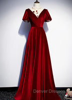 Dark Red Velvet Long Prom Dress, Charming Formal Gown
