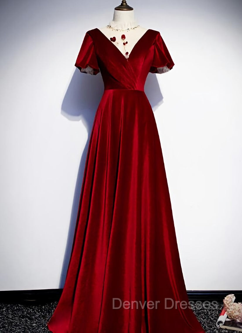 Dark Red Velvet Long Prom Dress, Charming Formal Gown