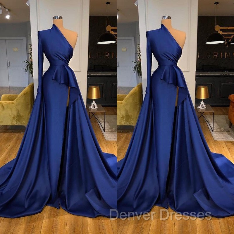 Dark Royal Blue One shoulder Ruffles Side-cut Overskirt Prom Dress