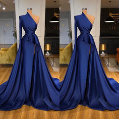 Dark Royal Blue One shoulder Ruffles Side-cut Overskirt Prom Dress