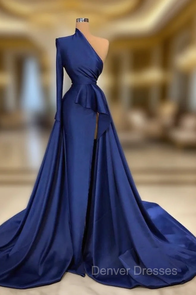 Dark Royal Blue One shoulder Ruffles Side-cut Overskirt Prom Dress Main image