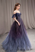 Dark Starry Sky Purple Tulle Long Prom Dress Purple Evening Dress