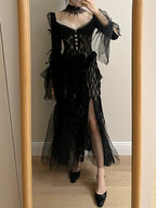 Dark Vintage Black Long Sleeve High-Slit Lace Tulle Prom Dress Evening Dress