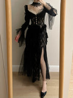 Dark Vintage Black Long Sleeve High-Slit Lace Tulle Prom Dress Evening Dress