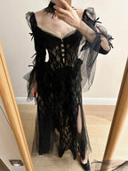 Dark Vintage Black Long Sleeve High-Slit Lace Tulle Prom Dress Evening Dress