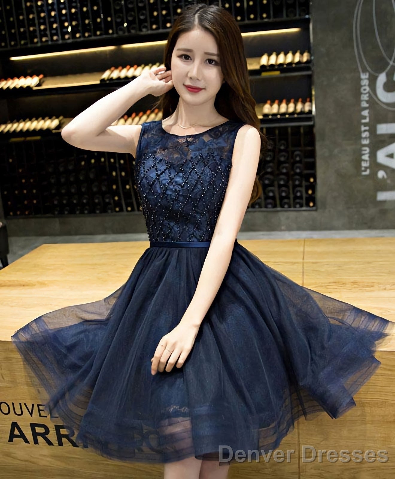 Dark Blue Lace Beading Short Prom Dress Dark Blue Evening Dress Secondary image
