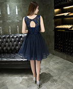 Dark Blue Lace Beading Short Prom Dress Dark Blue Evening Dress