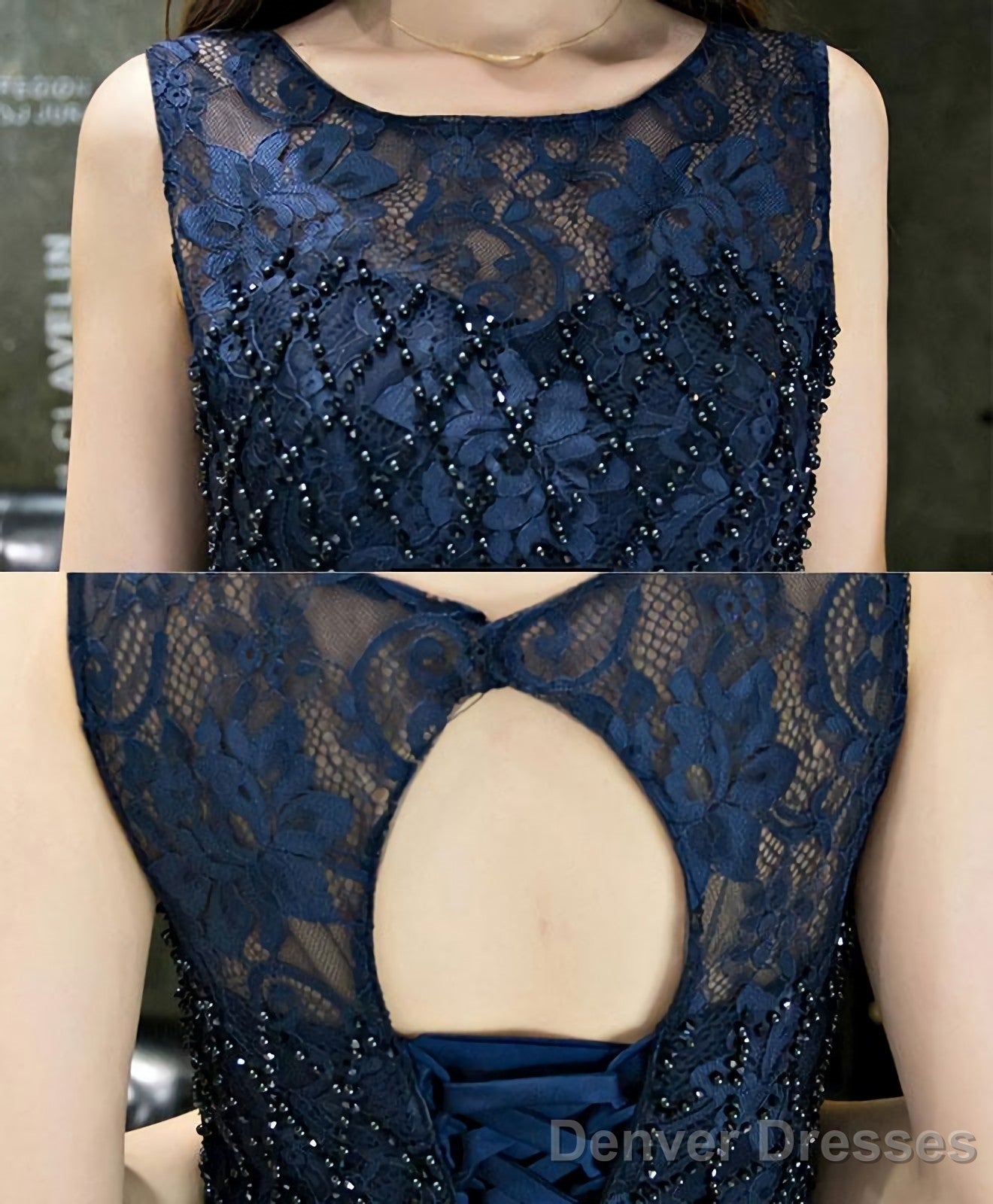 Dark Blue Lace Beading Short Prom Dress Dark Blue Evening Dress
