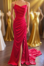 Straps Red Ruched Mermaid Long Formal Dress