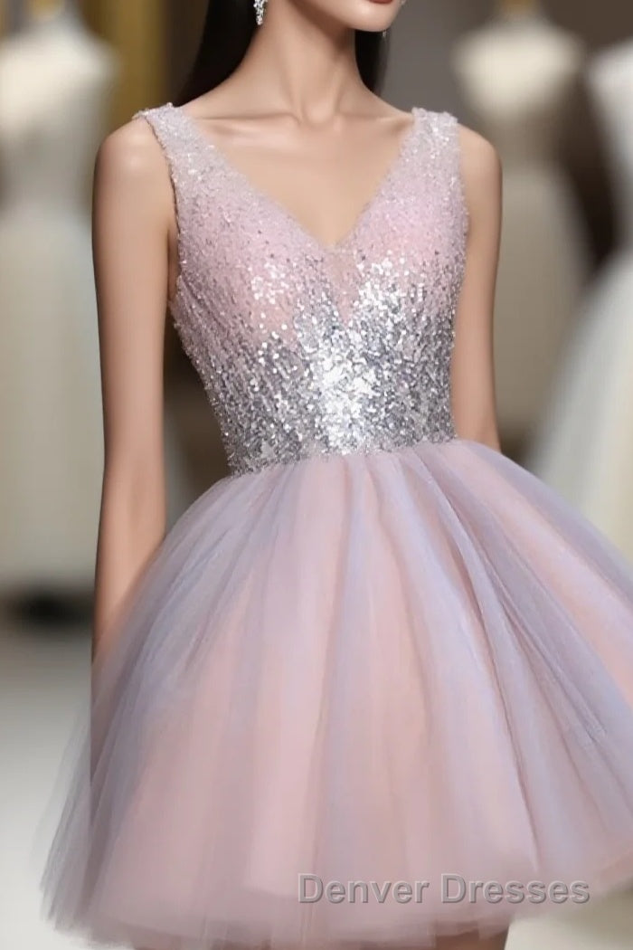 Cute Pink V Neck Tulle Seqsuins Short Prom Dress, Cocktail Dress Main image