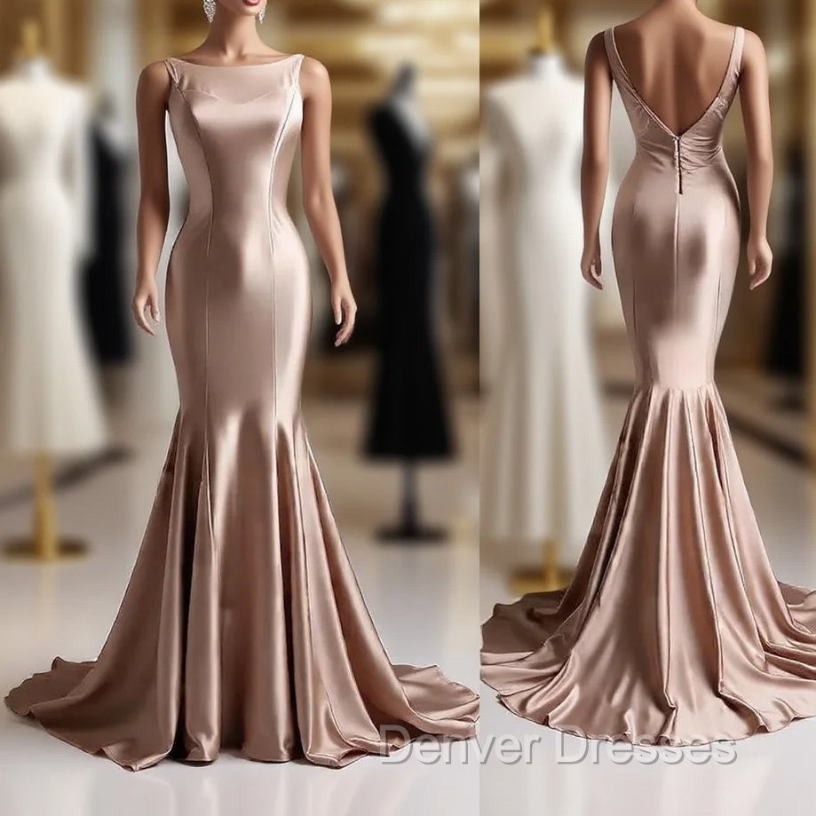 Deep Champagne Mermaid Simple Satin Long Prom Dress Backless Evening Gown Main image