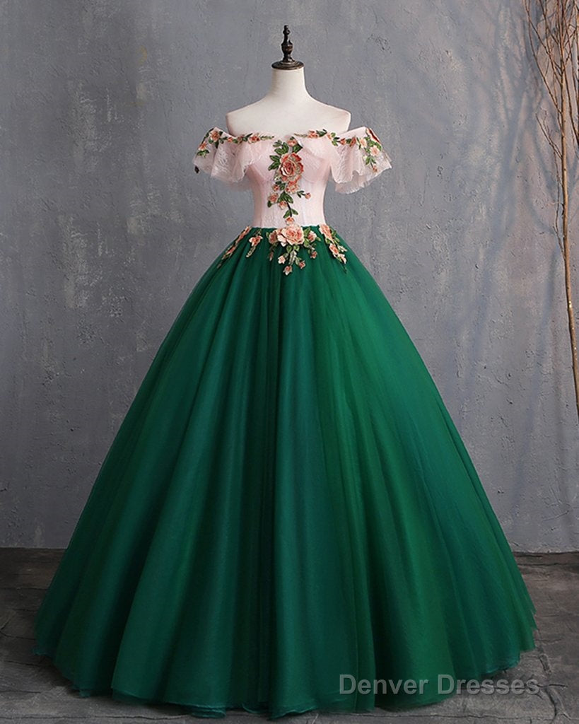 Deep Green Tulle Off Shoulder Long Customize Prom Dress, Evening Dress With Sleeve Secondary image