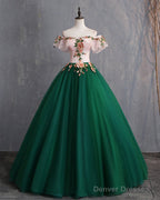 Deep Green Tulle Off Shoulder Long Customize Prom Dress, Evening Dress With Sleeve