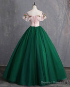 Deep Green Tulle Off Shoulder Long Customize Prom Dress, Evening Dress With Sleeve
