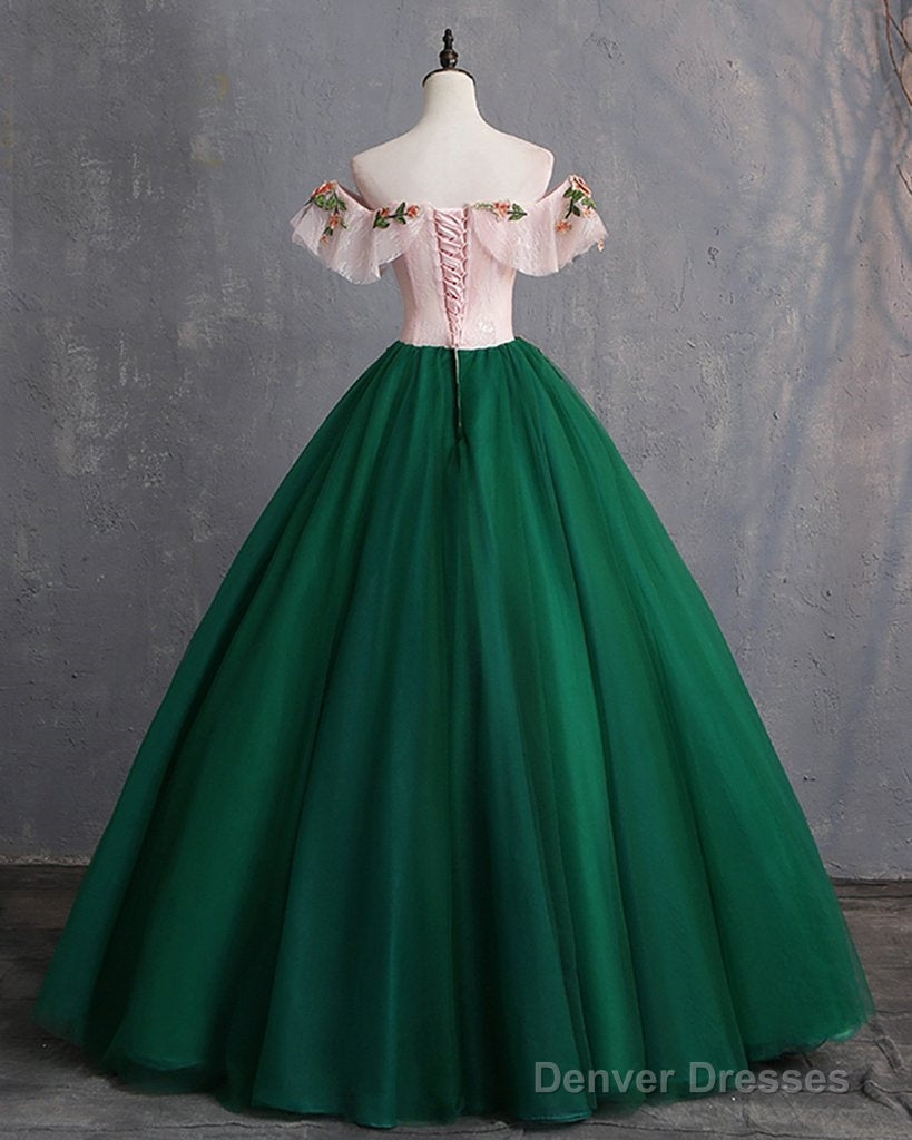 Deep Green Tulle Off Shoulder Long Customize Prom Dress, Evening Dress With Sleeve