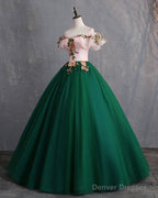 Deep Green Tulle Off Shoulder Long Customize Prom Dress, Evening Dress With Sleeve