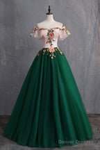 Deep Green Tulle Off Shoulder Long Customize Prom Dress, Evening Dress With Sleeve