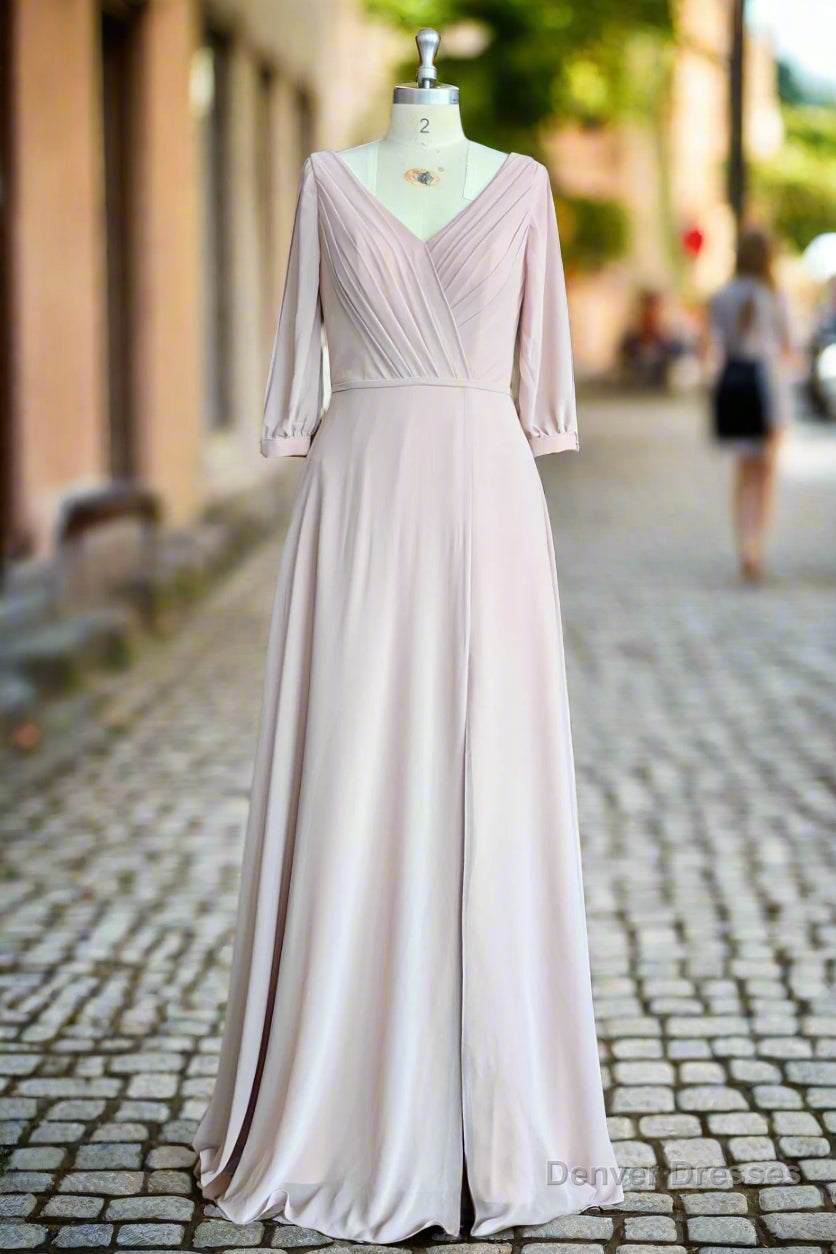 Deep V-neck 1/2 Sleeves Chiffon Max Dresses Side-Slit Floor-Length Bridesmaid Dress Main image