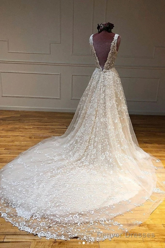 Deep V Neck And V Back Champagne Lace Long Wedding Dresses, Champagne Lace Prom Formal Evening Dresses Secondary image