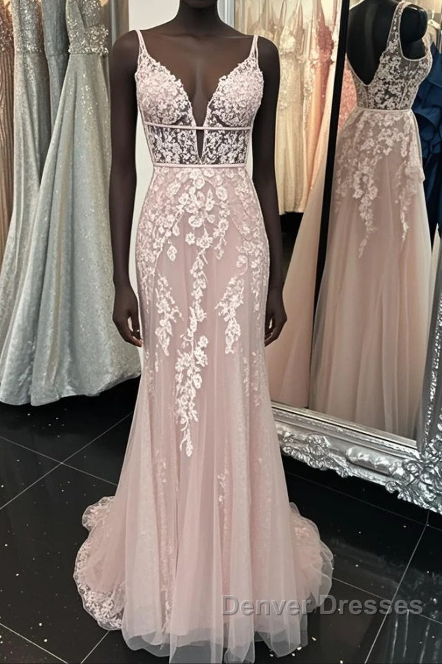 Deep V Neck Backless Pink Lace Long Prom Dress, Long Pink Lace Formal Graduation Evening Dress