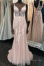 Deep V Neck Backless Pink Lace Long Prom Dress, Long Pink Lace Formal Graduation Evening Dress