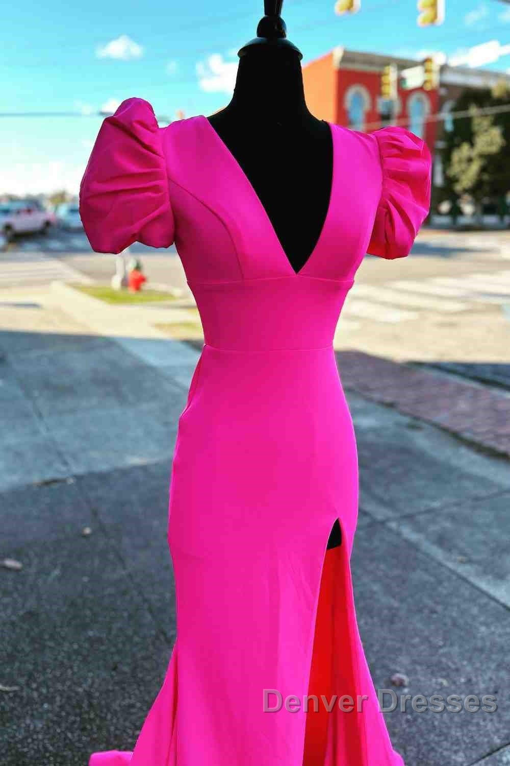 Deep V-Neck Hot Pink Mermaid Long Prom Dress With Balloon Sleeves Secondary image