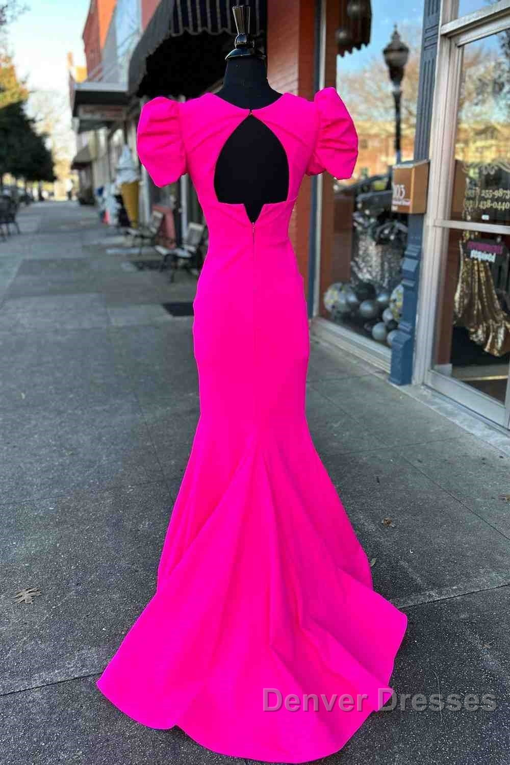 Deep V-Neck Hot Pink Mermaid Long Prom Dress With Balloon Sleeves