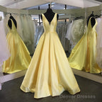 Deep V-Neck Long Satin Floor Length Prom Dress Backless Evening Gowns