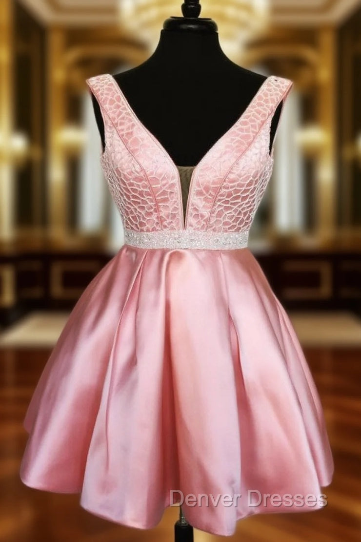 Deep V neck Pink Satin Beaded Waist Short Homecoming Dress Main image
