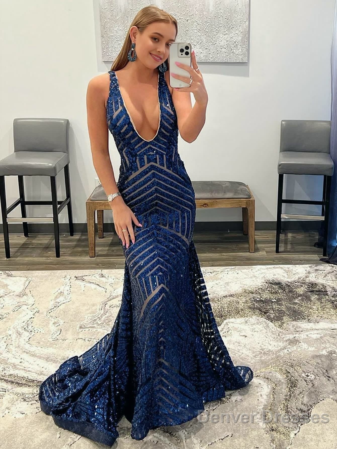 Deep V Neck Pink Sequins Mermaid Long Prom Dress