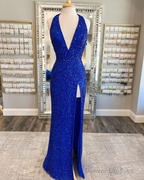 Deep V Neck Royal Blue Sequin Prom Dresses Mermaid With Tulle Train Secondary image