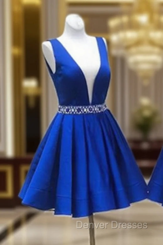 Deep V Neck Royal Blue Short Satin Prom Dress, Royal Blue V Neck Short Formal Homecoming Dress