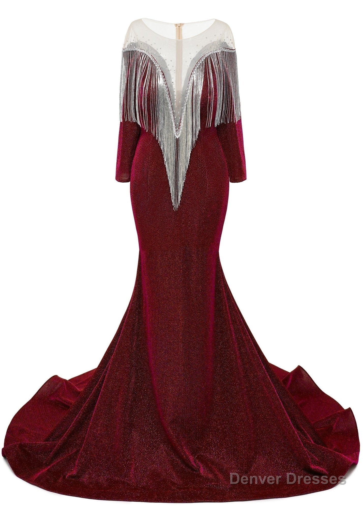 Deep V-neck Shiny Burgundy Prom Dresses Long sleeves Mermaid Evening Party Dresses Main image