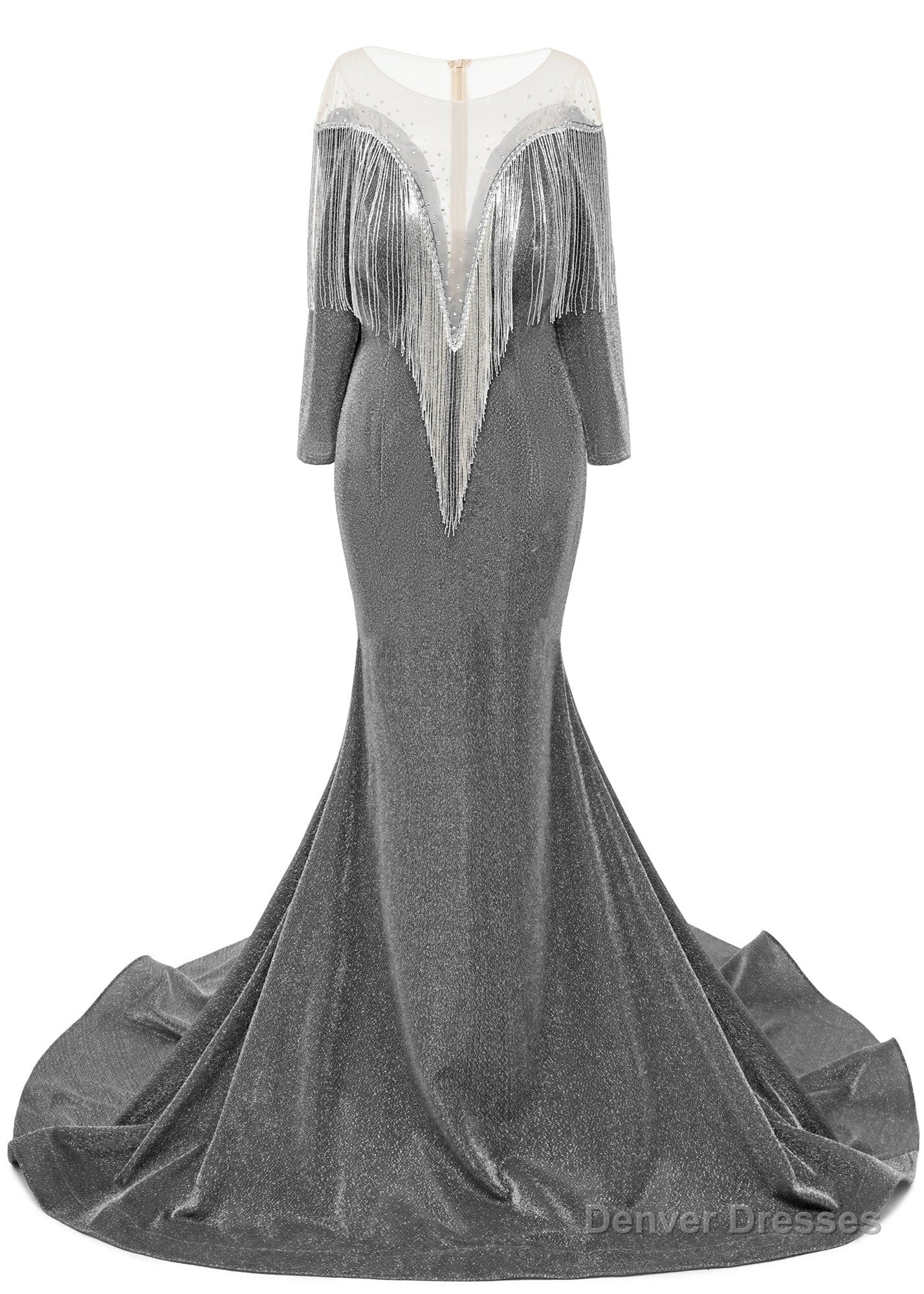Deep V-neck Shiny Gray Prom Dresses Long sleeves Mermaid Evening Party Dresses Main image