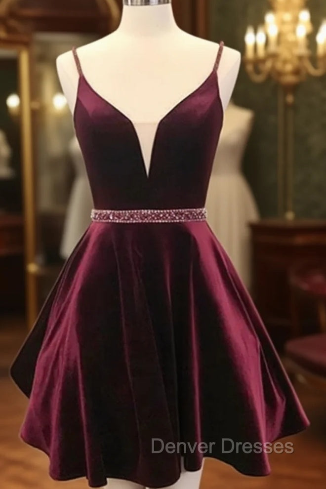 Deep V Neck Short Burgundy Prom Dress, Deep V Neck Short Burgundy Formal Homecoming Dress