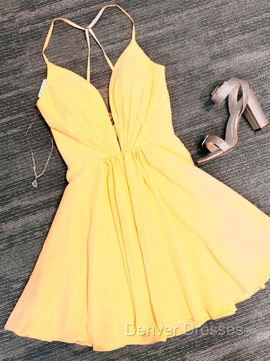 Deep V Neck Short Yellow Black Prom Dress, Short Backless Formal Homecoming Dress