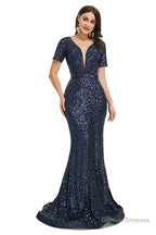 Deep V Neck sleeveless Sparkly Sequin Fishtail Prom Dresses