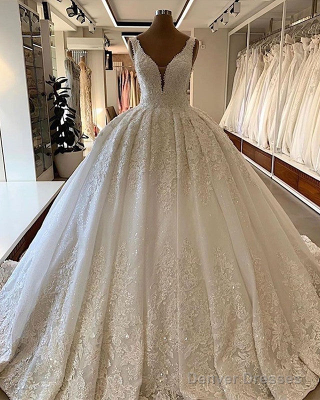 Deep V Neck Wedding Dress Ball Gown Lace Appliques