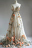 Deep V Neck Wedding Dress 3D Flowers Appliques Tulle A-Line Prom Gowns
