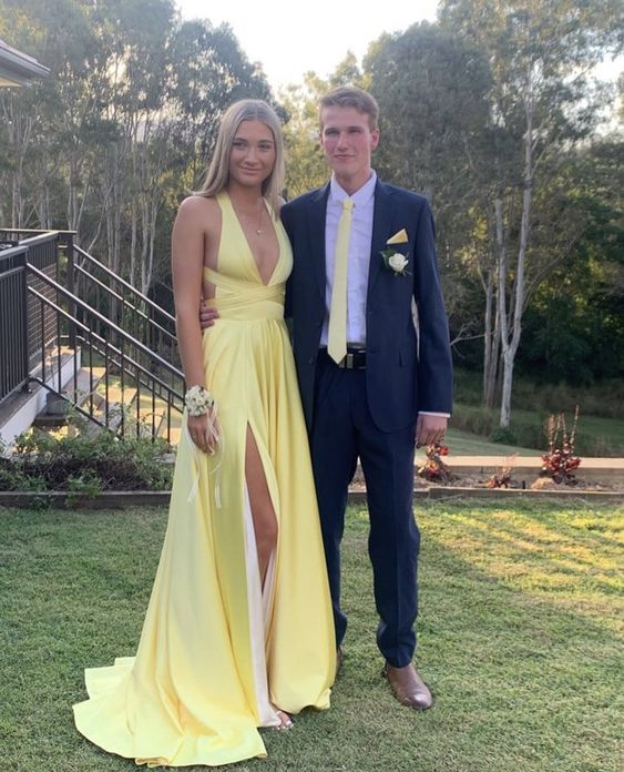 Deep V Neck Yellow A Line Long Prom Dress With Slit Main image