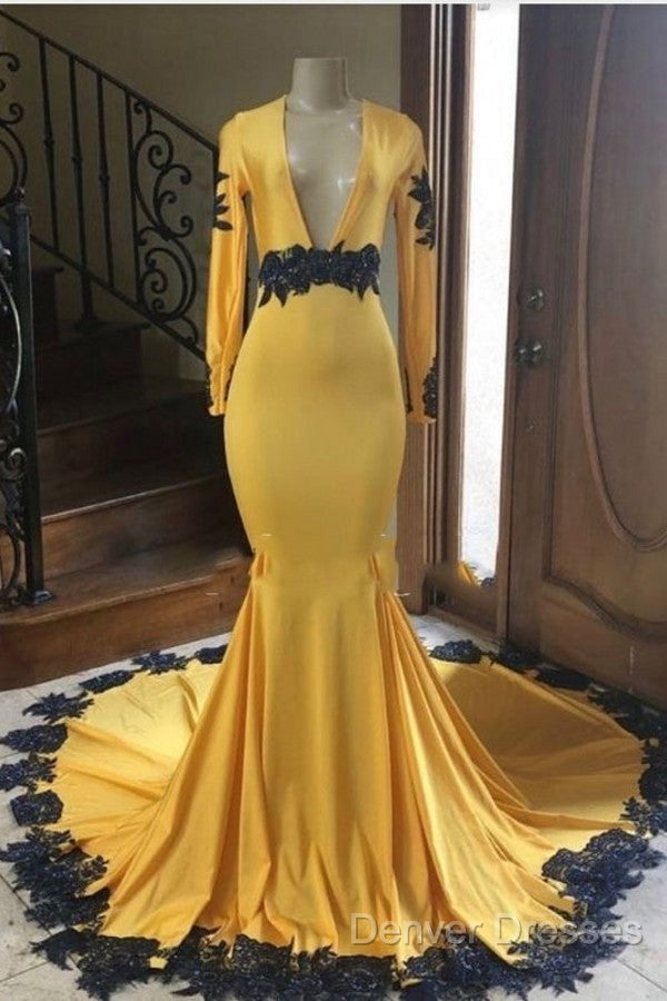 Deep V Neck Yellow Prom Dress Black Lace Applique Evening Gown Secondary image
