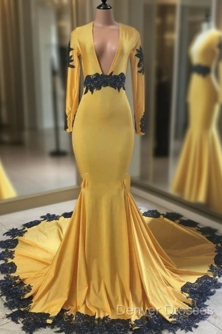 Deep V Neck Yellow Prom Dress Black Lace Applique Evening Gown Main image