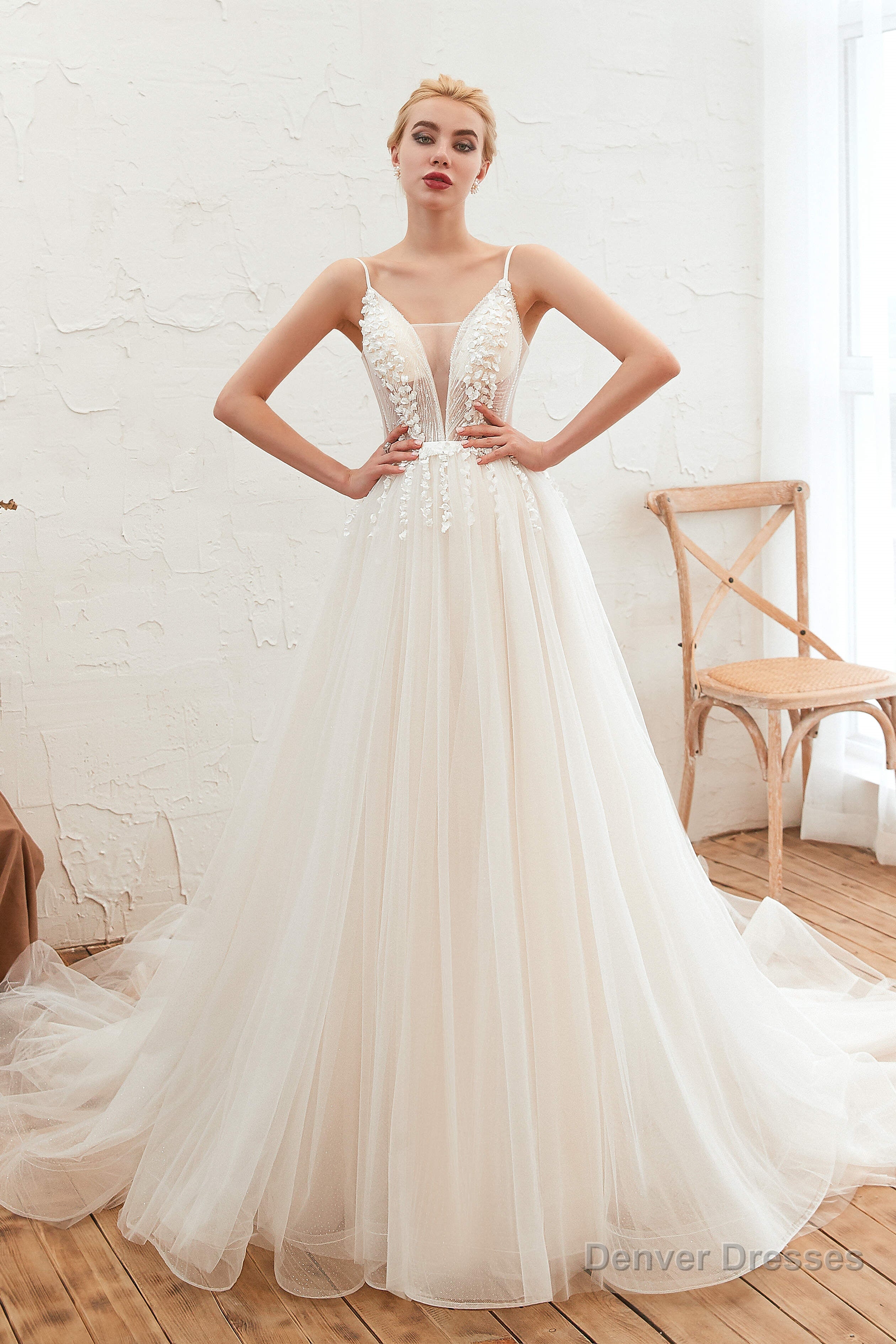 Deep V See Through Neck Bridal Dresses Spaghetti Straps Fairy Tulle Wedding Gowns Main image