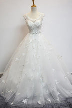 Delicate Scoop Cap Sleeves Floor-Lenth Wedding Dress With Beading