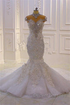 Delicate Sleeveless Beading Sheer Tulle Appliques Mermaid Sparkling Wedding Dress