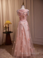 Delicate V-Neck Pink With Rhinestones Lace Appliques Prom Dress
