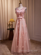 Delicate V-Neck Pink With Rhinestones Lace Appliques Prom Dress