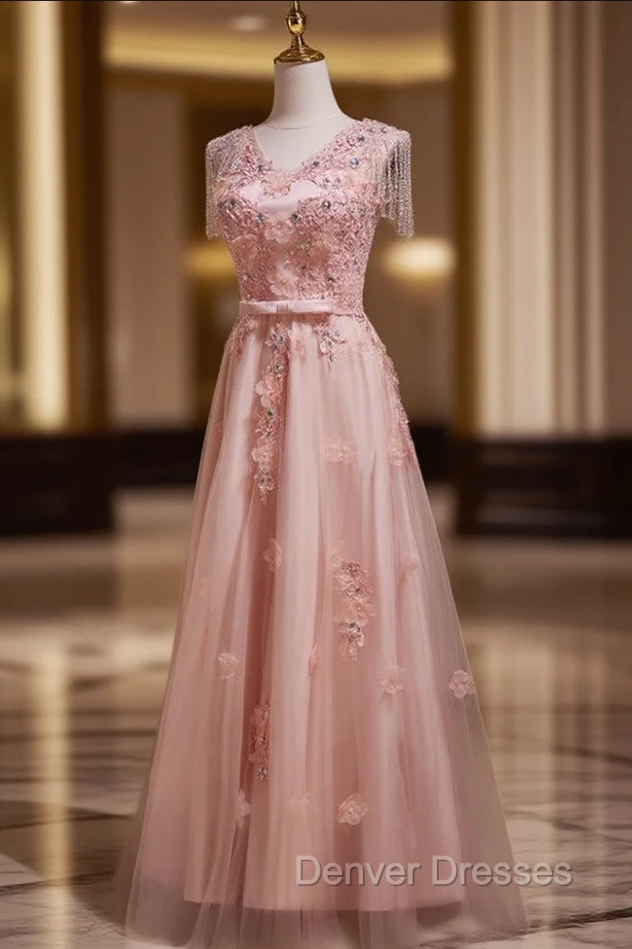 Delicate V-Neck Pink With Rhinestones Lace Appliques Prom Dress Main image