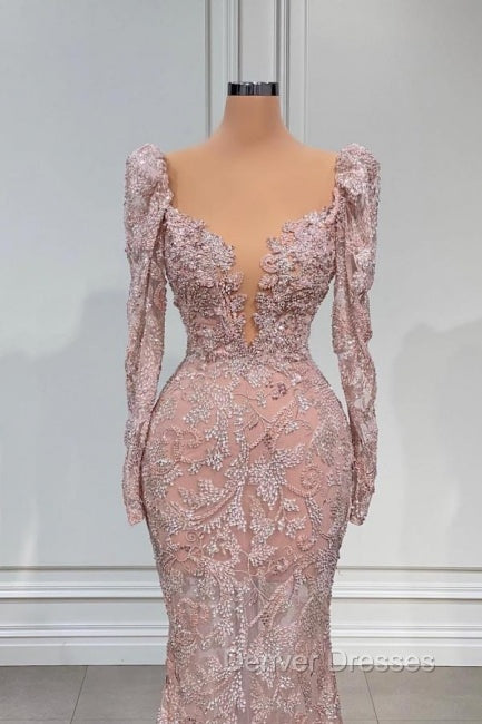 Designer Pink V-neck Lace Mermaid Prom Dress Evening Gowns With Long Sleeves Secondary image